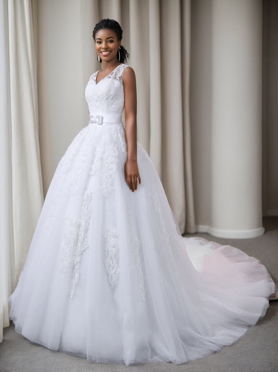 Lace Appliques Wedding Dresses 2026 Elegant Ball Gown A-Line V-Neck Sleeveless Long Tulle Bridal Ball Gowns with Bow Belt Lace Appliques Wedding Dresses 2026 Elegant Ball Gown A-Line V-Neck Sleeveless Long Tulle Bridal Ball Gowns with Bow Belt