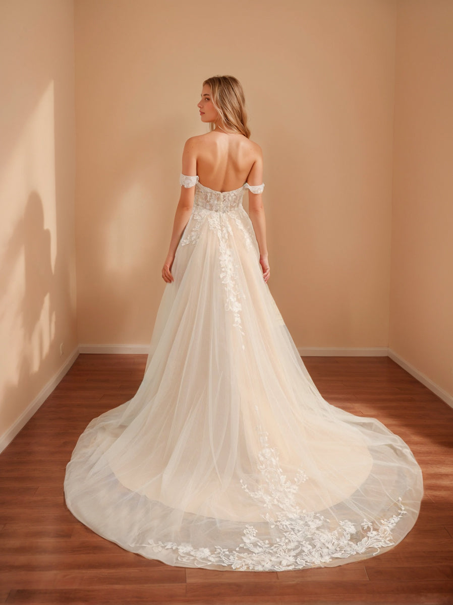 Tulle Wedding Dresses for Women Appliques Ball Gown A-Line V-Neck Sleeveless Floor-Length Bridal Ball Gowns with Split Side Tulle Wedding Dresses for Women Appliques Ball Gown A-Line V-Neck Sleeveless Floor-Length Bridal Ball Gowns with Split Side