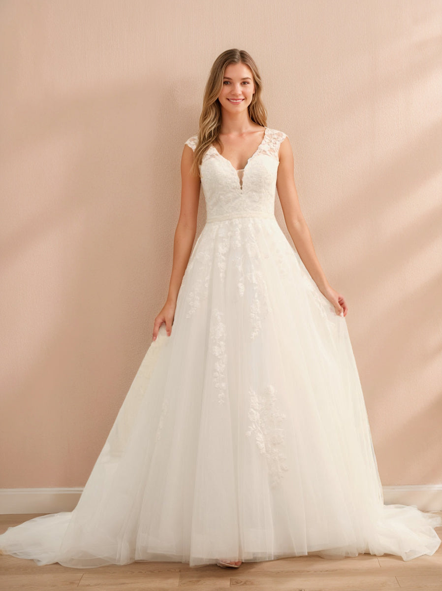 Ball Gown V-Neck Sleeveless Tulle Wedding Dresses with Applique & Beading