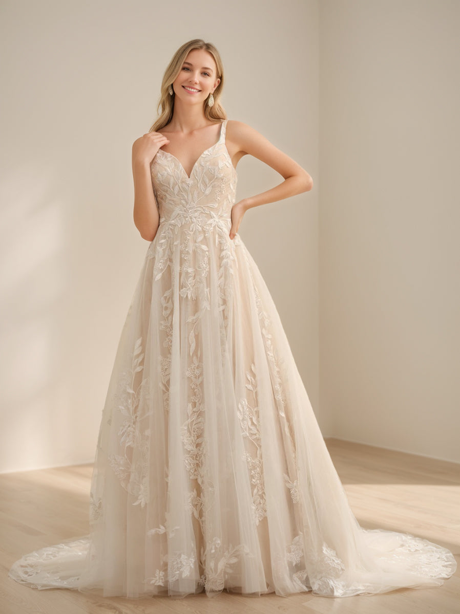 Lace Appliques Bridal Gowns 2026 Ball Bown A-Line V-Neck Spaghetti Straps Sleeveless Long Tulle Formal Wedding Dresses Lace Appliques Bridal Gowns 2026 Ball Bown A-Line V-Neck Spaghetti Straps Sleeveless Long Tulle Formal Wedding Dresses