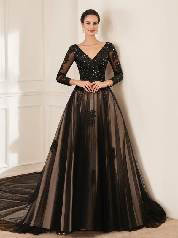 A-line black wedding dress with V-neck and long sleeves