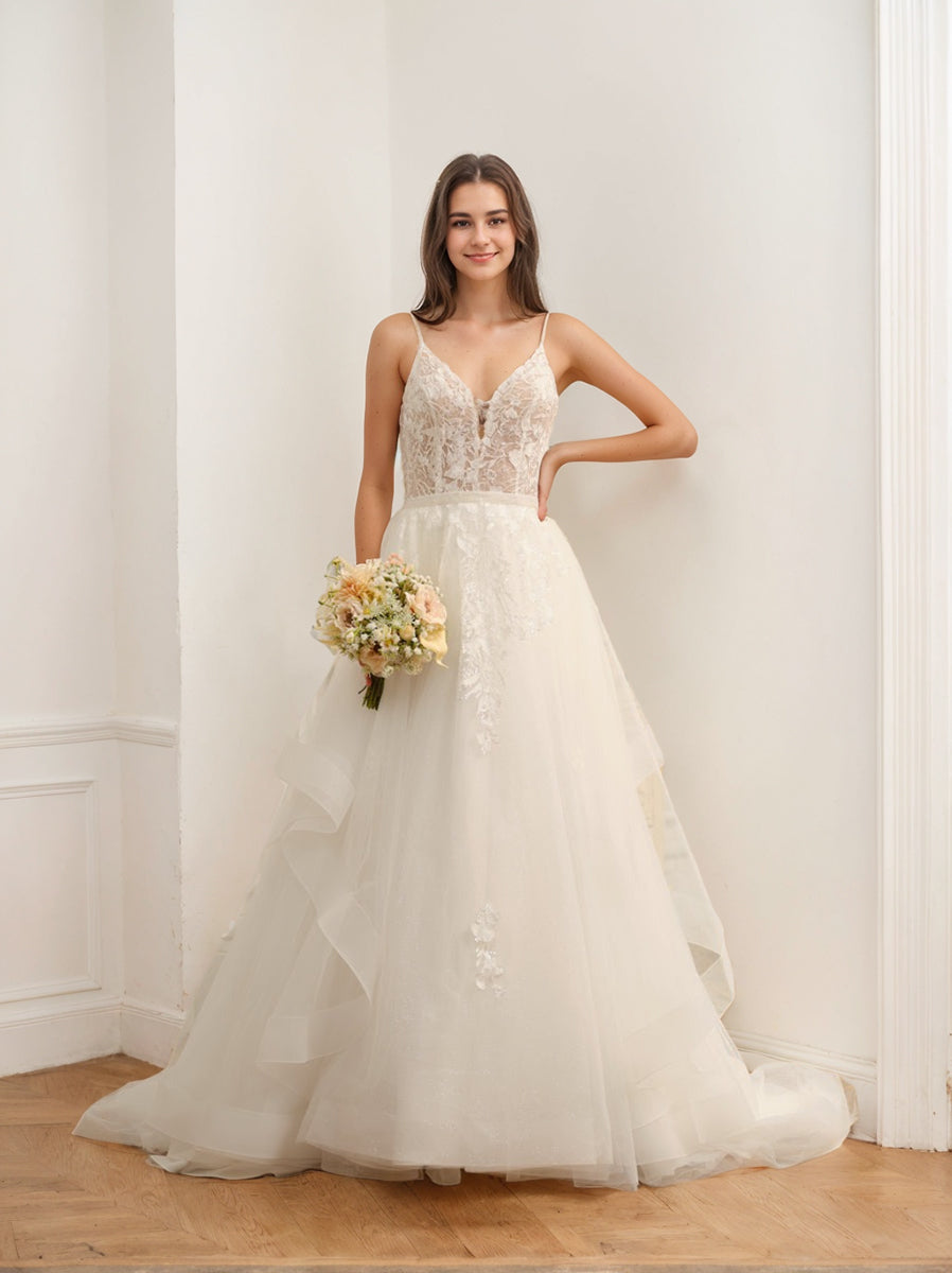 Ball Gown Spaghetti Straps Sleeveless Tulle Wedding Dress with Appliques & Beading