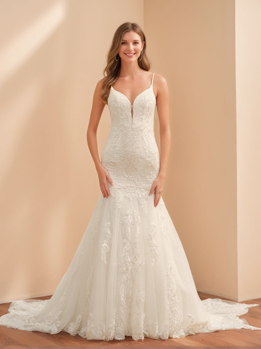 Lace Appliques Bridal Dresses Elegant Women's Mermaid/Trumpet V-Neck Spaghetti Straps Sleeveless Long Tulle Formal Wedding Gowns