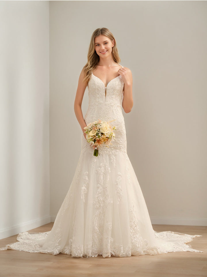 Trumpet/Mermaid Spaghetti Straps Sleeveless Long Tulle Wedding Dresses with Lace Appliques