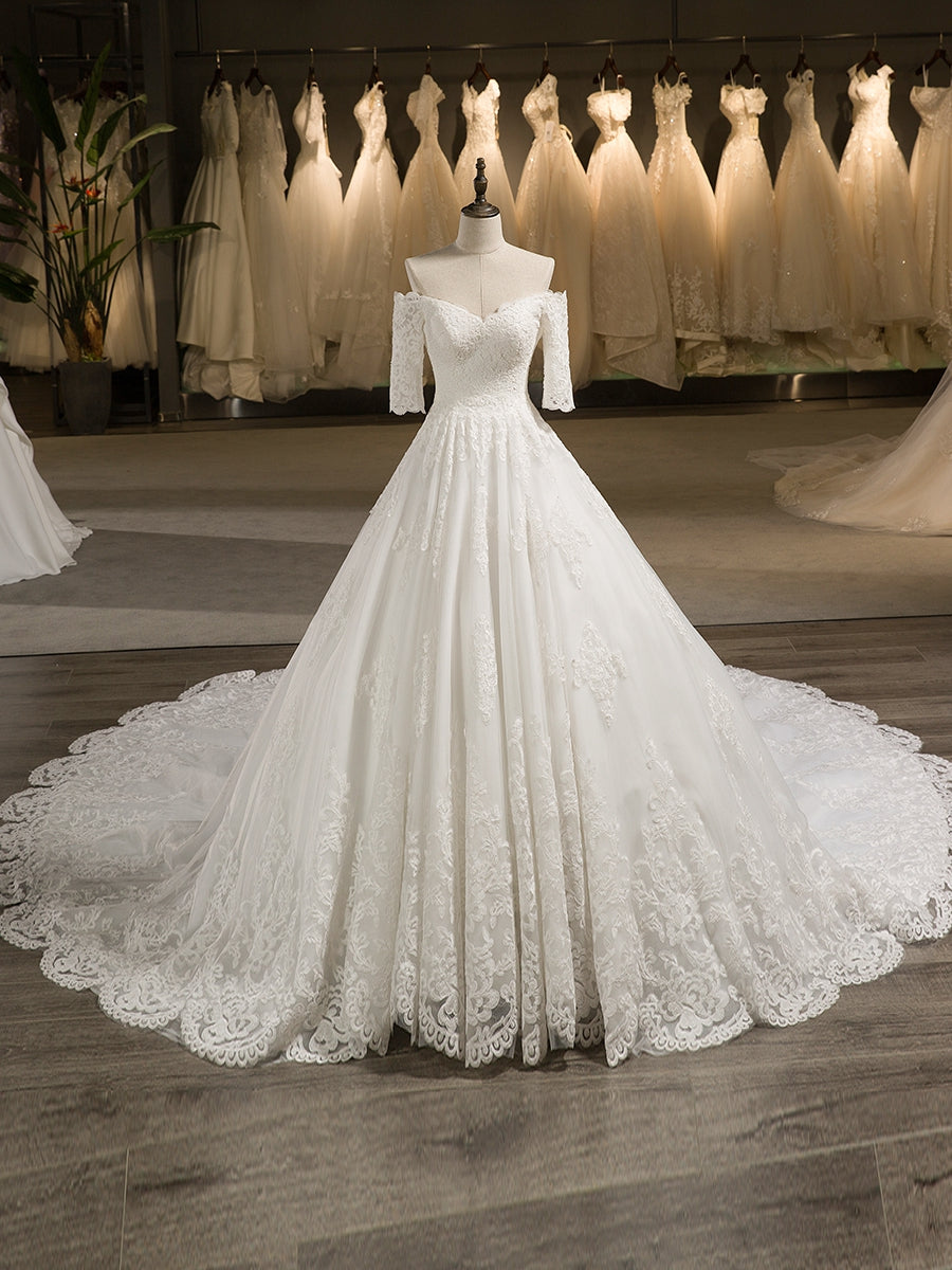 off the shoulder half sleeve wedding dress Off-Shoulder A-Line Bridal Gown With Half Sleeves And Scalloped  Neckline-MK_704727