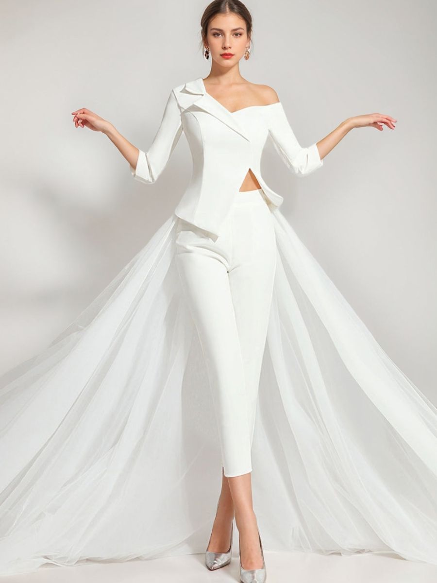 3/4 Sleeves One-Shoulder White Tulle Elegant Wedding Pant Suit Styles