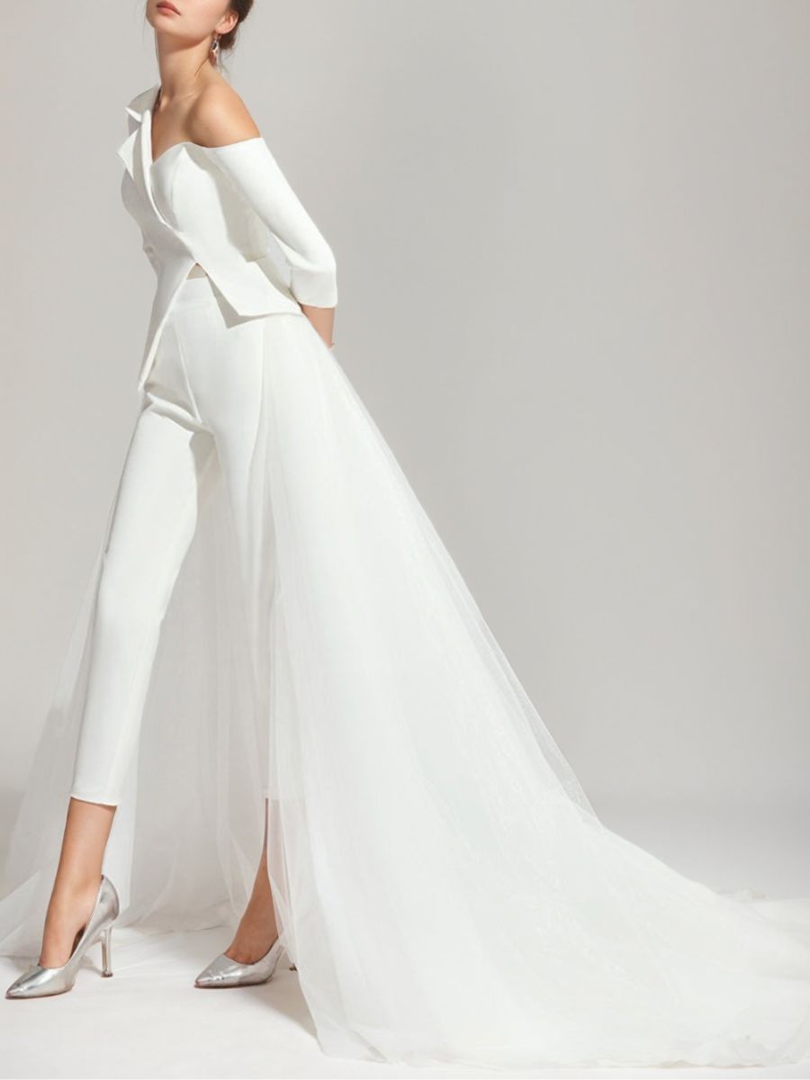 3/4 Sleeves One-Shoulder White Tulle Elegant Wedding Pant Suit Styles