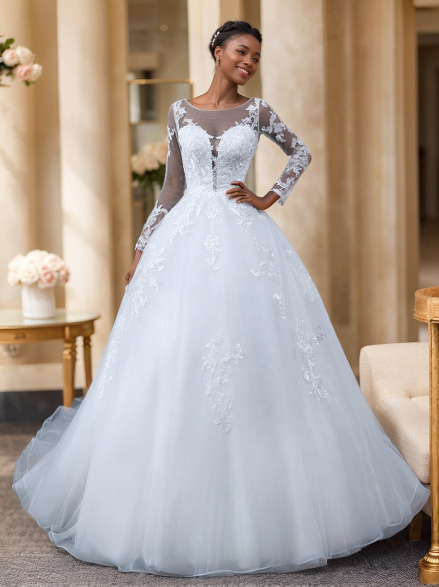 Gorgeous Wedding Dresses for Women White Lace Appliques Ball Gown Sheer Neck Long Sleeves Floor-Length Tulle Bridal Ball Gowns Gorgeous Wedding Dresses for Women White Lace Appliques Ball Gown Sheer Neck Long Sleeves Floor-Length Tulle Bridal Ball Gowns