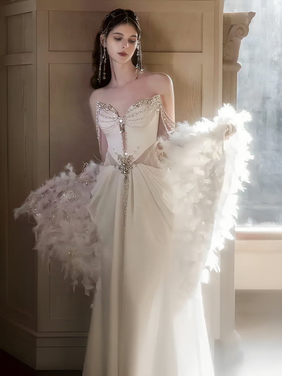 2026 Bridal Dresses Chic Women's A-Line Off-The-Shoulder Sleeveless Floor-Length Formal Wedding Gowns with Feather & Chains, S / White 2026 Bridal Dresses Chic Women's A-Line Off-The-Shoulder Sleeveless Floor-Length Formal Wedding Gowns with Feather & Chains, S / White