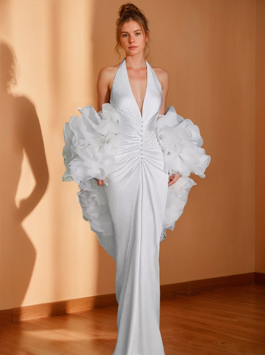 Pleats Wedding Dresses 2026 for Women Mermaid/Trumpet Halter Deep V-Neck Backless Sleeveless Floor-Length Satin Bridal Gowns, S / White