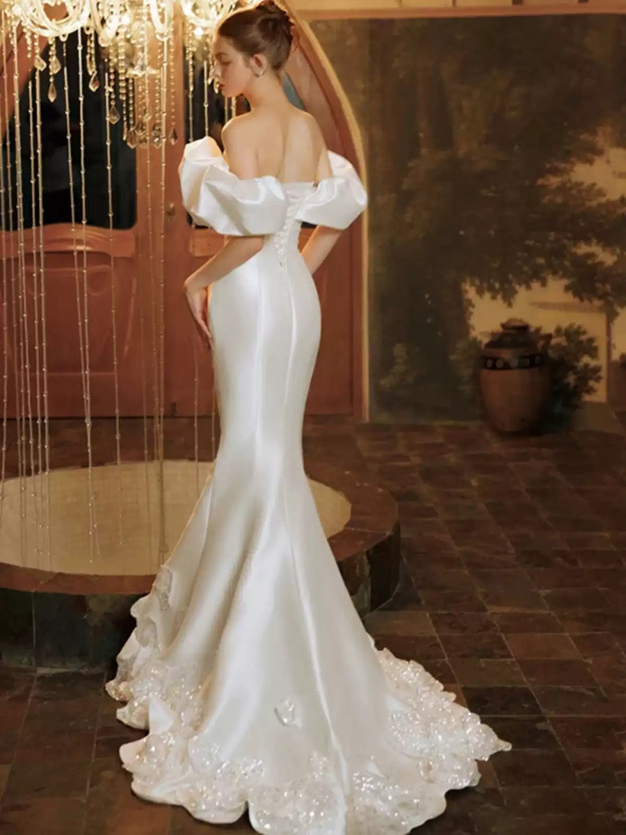 Satin Bridal Dresses for Women White Mermaid/Trumpet Off-the-Shoulder Floor-Length Formal Wedding Gowns with Appliques, XS / White Satin Bridal Dresses for Women White Mermaid/Trumpet Off-the-Shoulder Floor-Length Formal Wedding Gowns with Appliques, XS / White