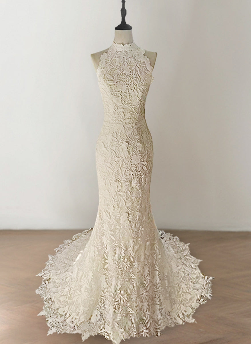 slim fit dress slacks Ivory Appliques Bridal Gowns for Women Tulle Mermaid/Trumpet Halter Sleeveless Floor-Length Chic Formal Wedding Dresses