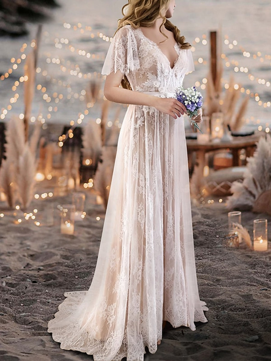 Bridal Wedding Dresses 2026 Champagne Tulle Lace Appliques A-Line Deep V-Neck Short Sleeves Long Elegant Beach Wedding Gowns, Champagne