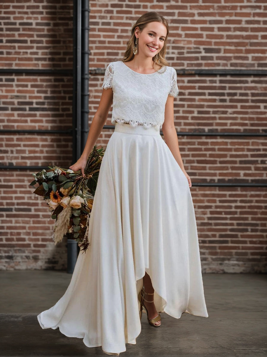 Two Pieces A-Line/Princess Scoop Neck Short Sleeves Asymmetrical Weddi - Mondressy Two Pieces A-Line/Princess Scoop Neck Short Sleeves Asymmetrical Weddi - Mondressy
