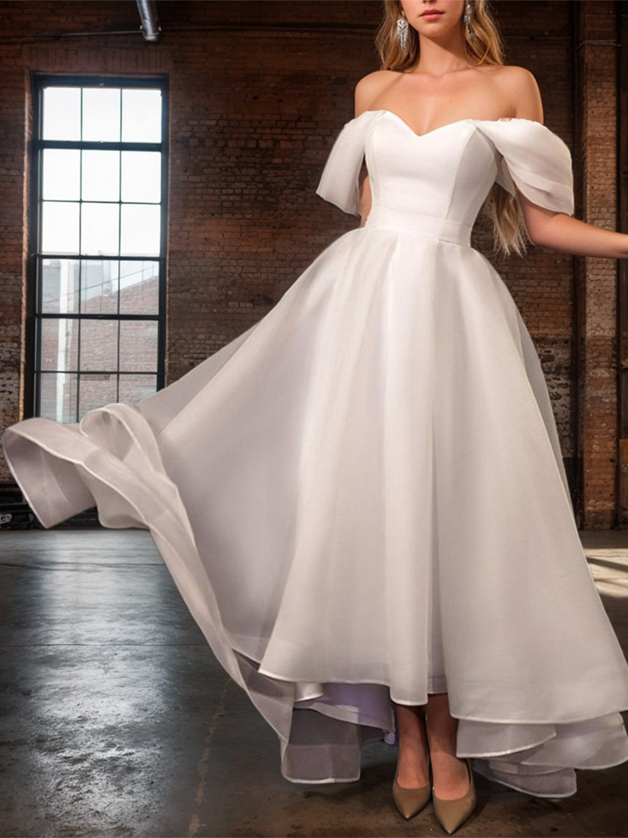 Off-the-Shoulder Little White Dresses Sleeveless Asymmetrical A-Line Wedding Dress