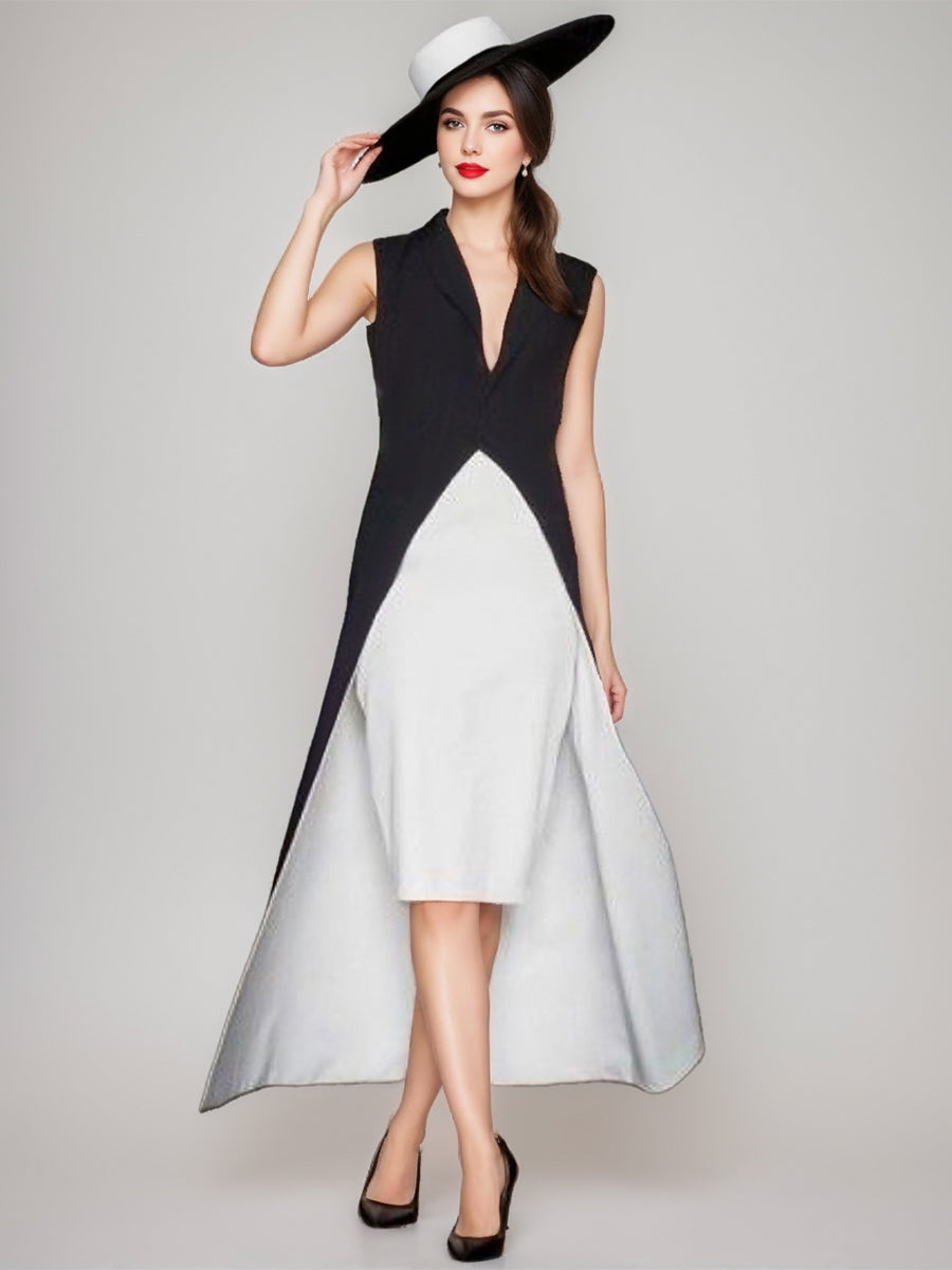 A-Line Wedding Guest Dress 2026 Black White Deep V Neck Sleeveless Hi-Lo Midi Gown with Contrast Panel Elegant Formal Evening Party Dress