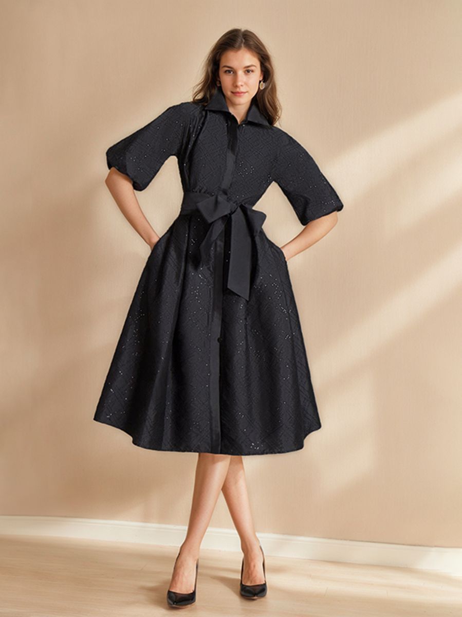 sachin and babi light blue dress 2026 Black Wedding Guest Dresses Taffeta A-Line/Princess Shirt Collar Half Sleeves Knee-Length Formal Evening Gowns with Bow Belt
