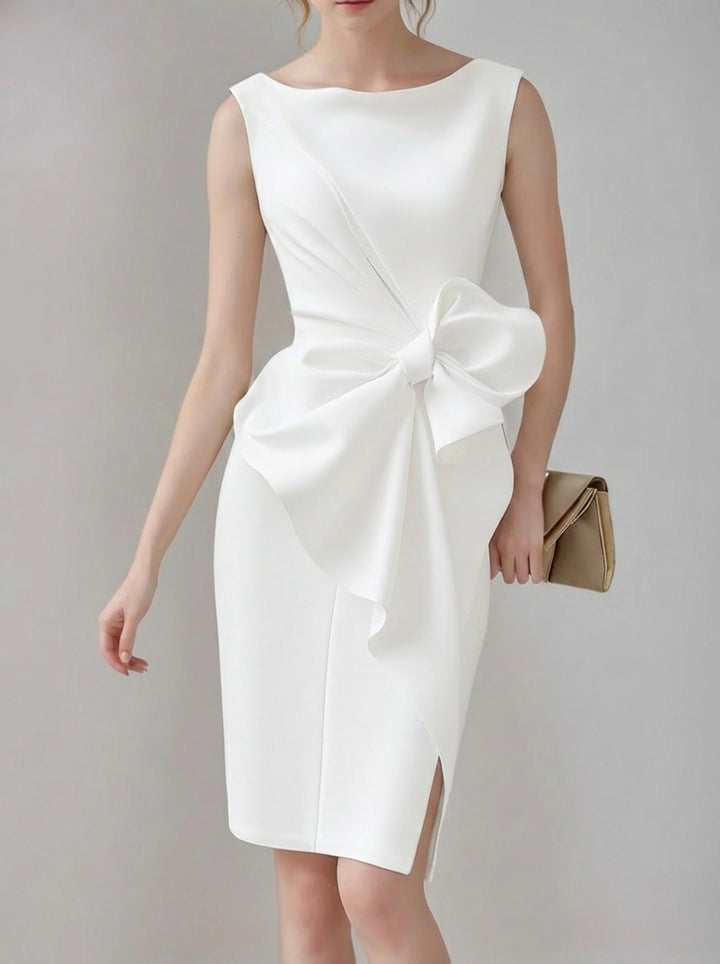 Sheath/Column Crew Neck Sleeveless Knee Length Wedding Dress with Bow & Ruffles