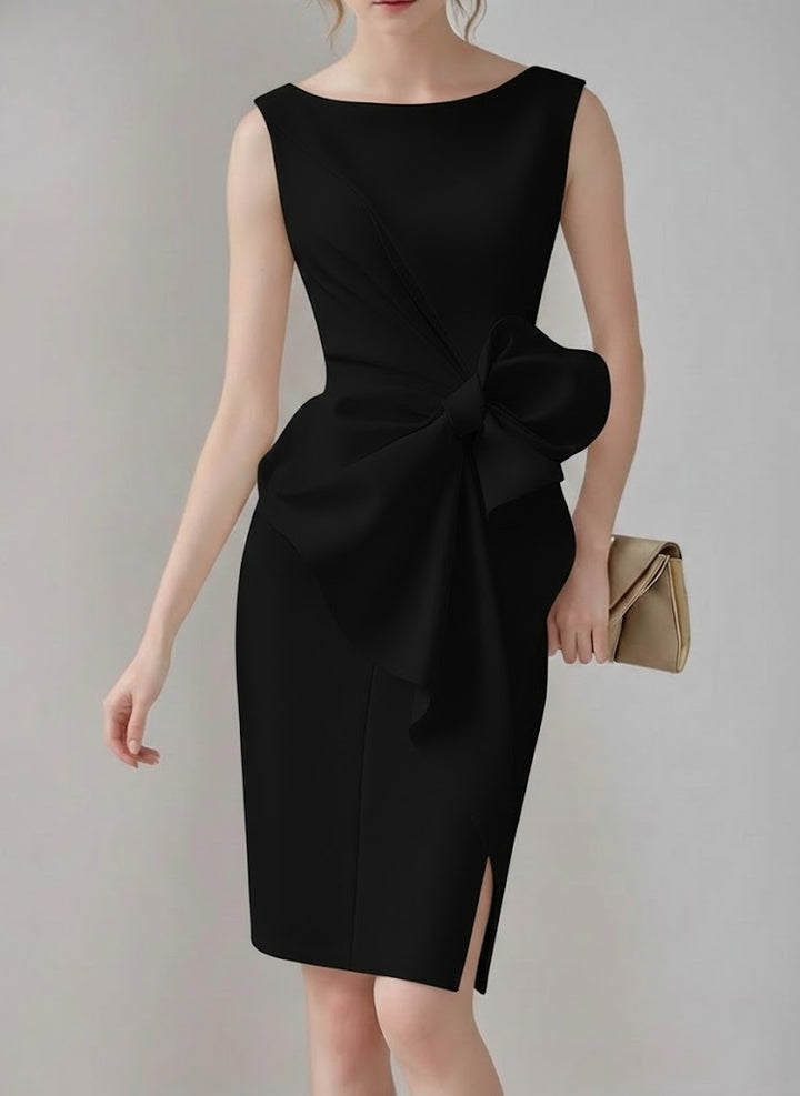 Sheath/Column Crew Neck Sleeveless Knee Length Wedding Dress with Bow & Ruffles