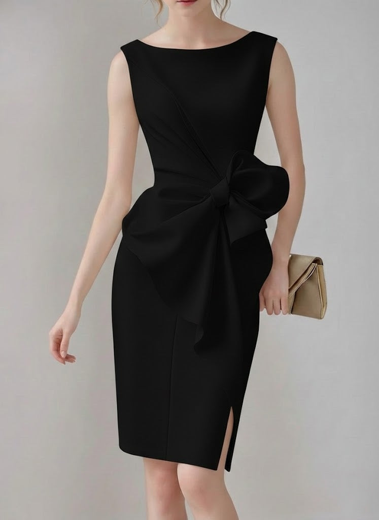 Sheath/Column Crew Neck Sleeveless Knee Length Wedding Dress with Bow & Ruffles Black Sheath/Column Crew Neck Sleeveless Knee Length Wedding Dress with Bow & Ruffles Black