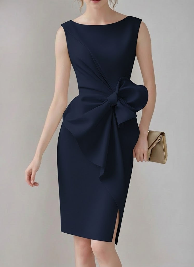 Sheath/Column Crew Neck Sleeveless Knee Length Wedding Dress with Bow & Ruffles
