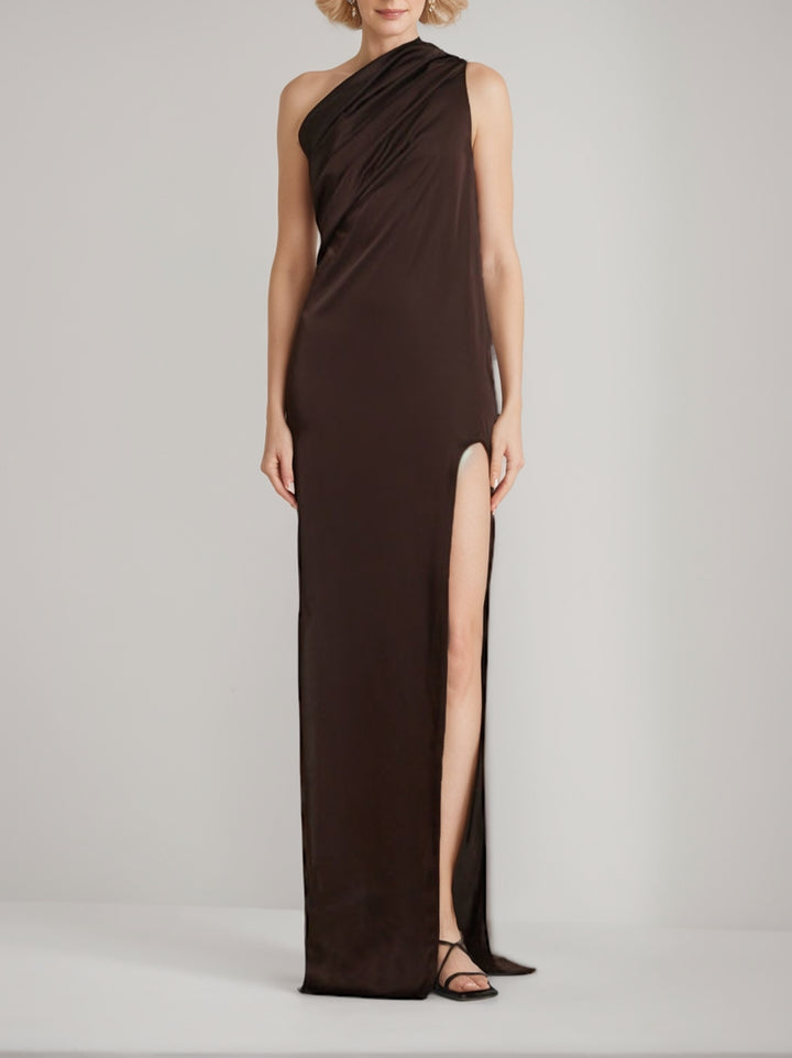 One-Shoulder Mother of the Bride Dresses Brown Sheath/Column One-Shoulder Sleeveless Wedding Guest Dress with Ruches & High Split, Brown One-Shoulder Mother of the Bride Dresses Brown Sheath/Column One-Shoulder Sleeveless Wedding Guest Dress with Ruches & High Split, Brown