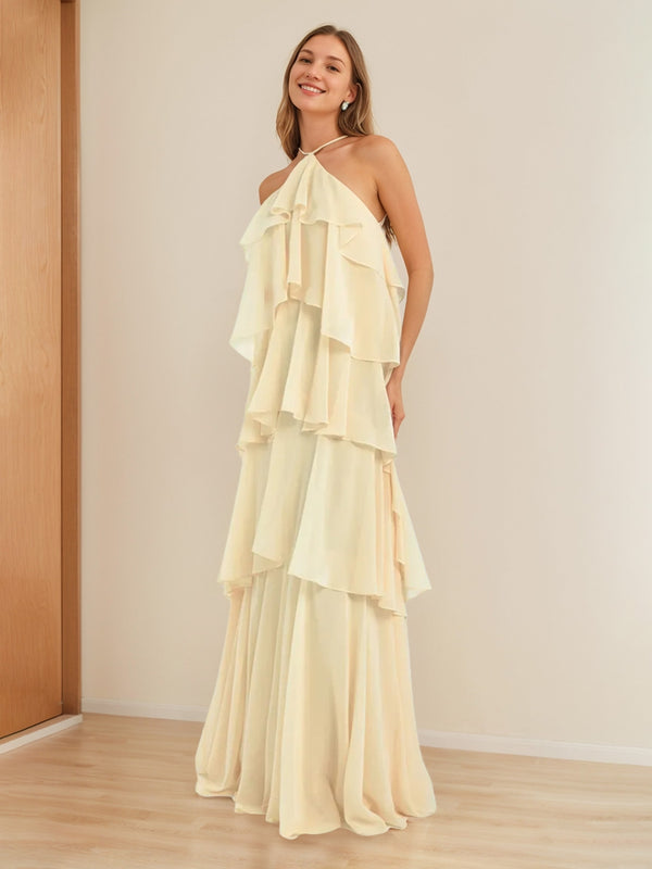 A-Line/Princess Halter Sleeveless Sweet Wedding Guest Dress with Opened Back & Ruffles