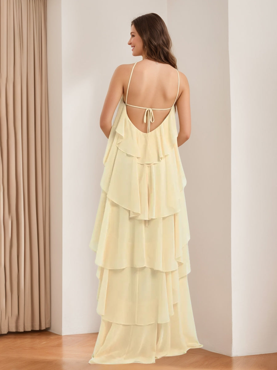 Tiered Chiffon Wedding Guest Dresses 2026 A-Line/Princess Halter Sleeveless Backless Long Formal Wedding Party Gowns with Ruffles, Light Yellow Tiered Chiffon Wedding Guest Dresses 2026 A-Line/Princess Halter Sleeveless Backless Long Formal Wedding Party Gowns with Ruffles, Light Yellow
