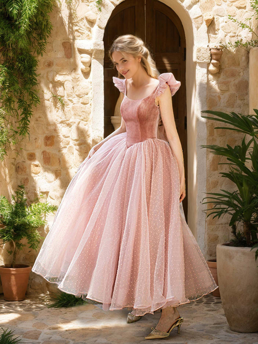 A-Line Wedding Guest Dress 2026 Blush Pink Sleeveless Ruffle Strap Tea-Length Tulle Midi Formal Garden Party Dress