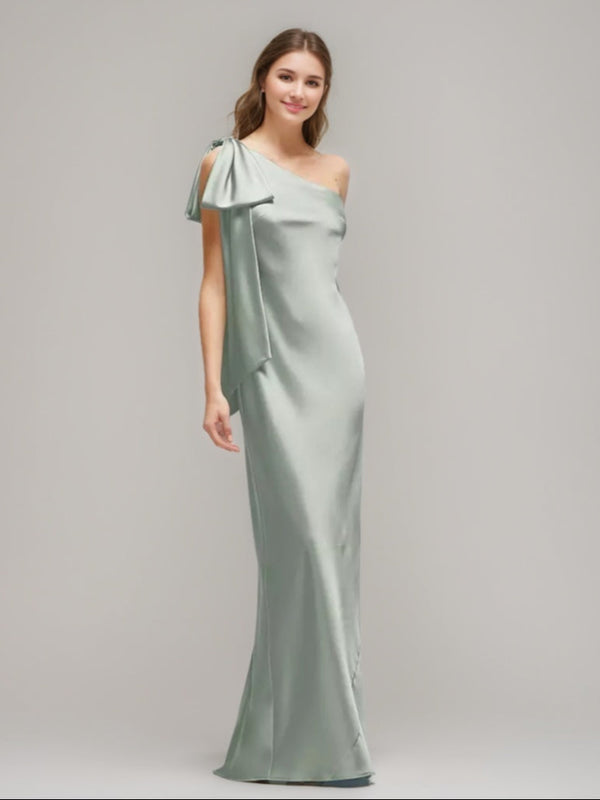 Sheath/Column One-shoulder Floor-length Wedding Guest Dresses with Bow & Slit