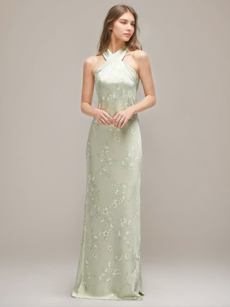 Halter Wedding Guest Dresses Sheath/Column Ruched Floor-length Printed Floral Formal Gowns with Self-tie Bow