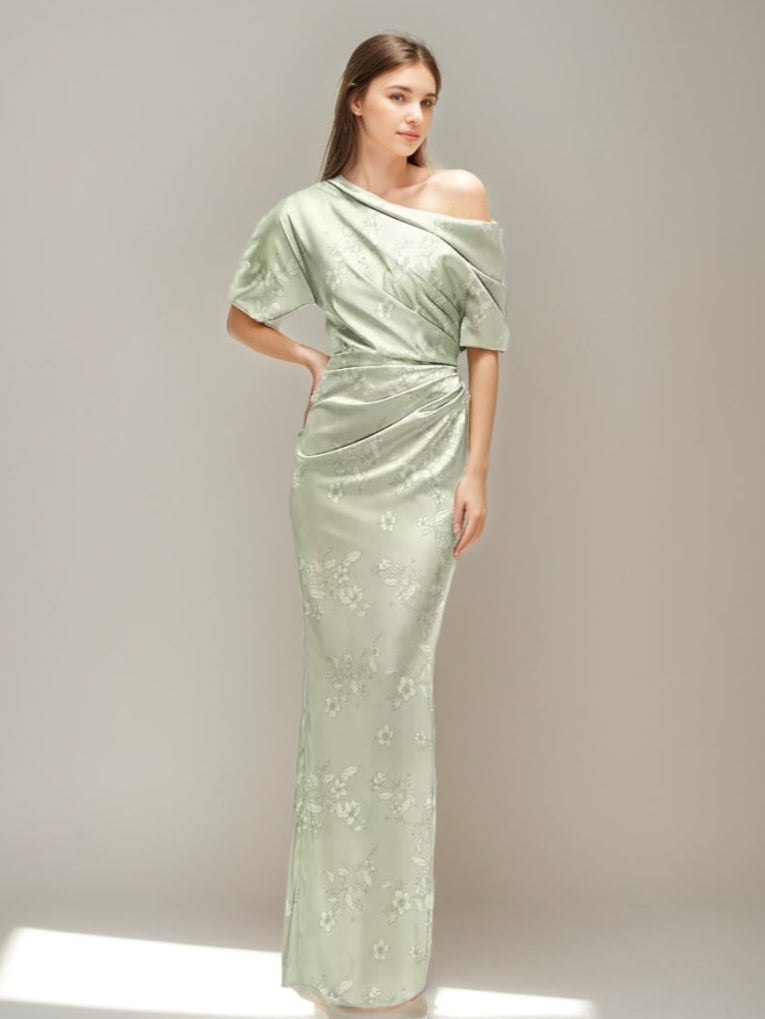 Sheath Wedding Guest Dress 2026 Sage Green One Shoulder Ruched Floral Jacquard Maxi Gown Elegant Formal Evening Party Dress, Sage
