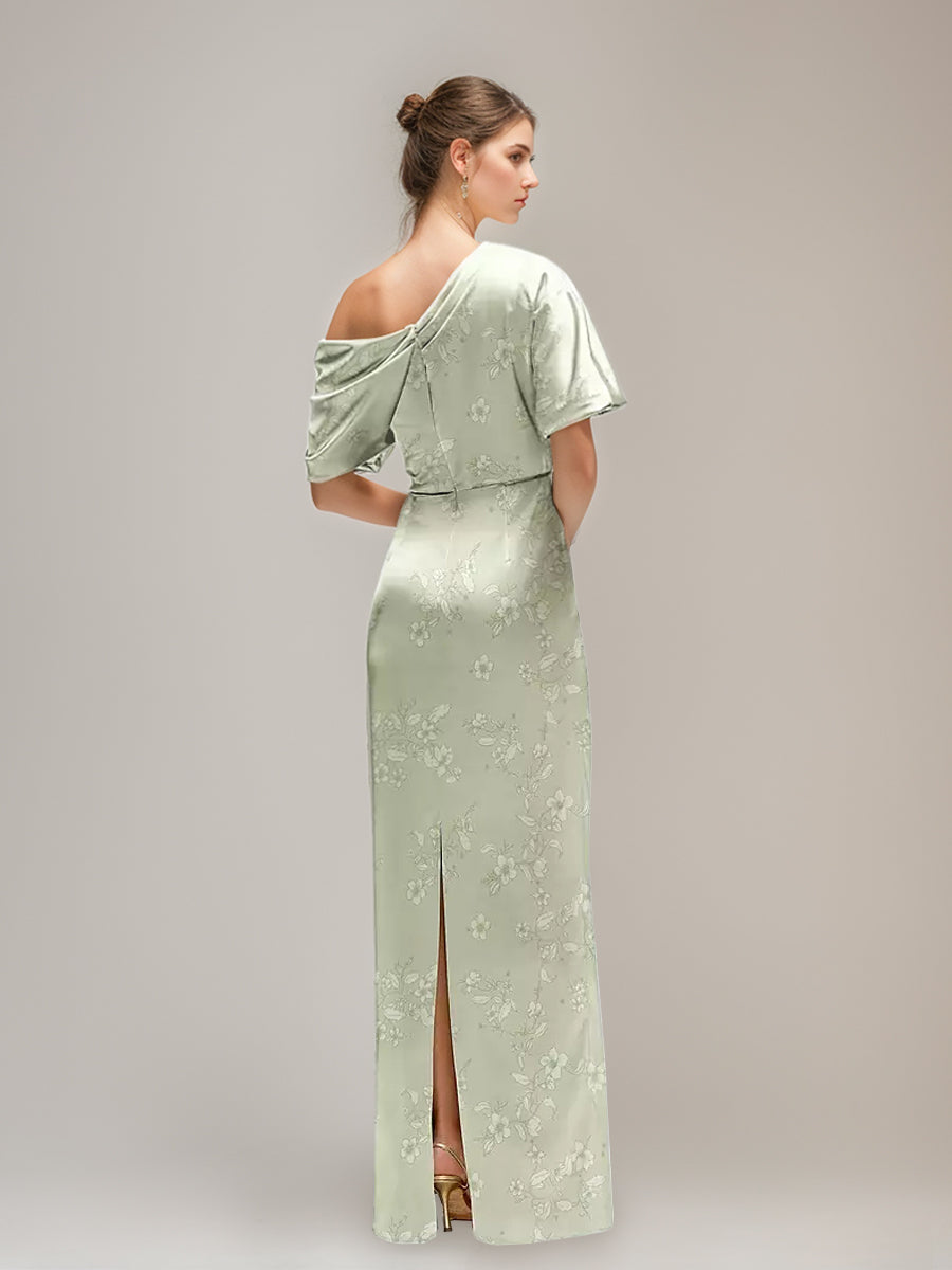 Sheath Wedding Guest Dress 2026 Sage Green One Shoulder Ruched Floral Jacquard Maxi Gown Elegant Formal Evening Party Dress, Sage
