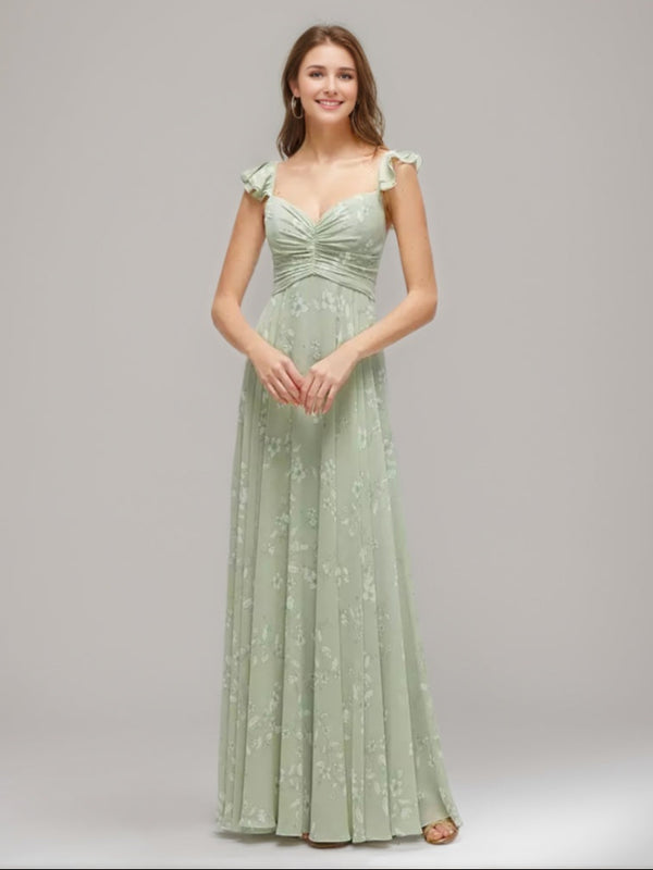 Sheath/Column Floor-length Ruched Printed Floral Wedding Guest Dresses with Pleats & Convertible Ruffle Straps