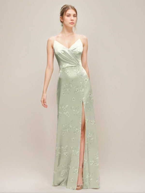 Sheath/Column Spaghetti Straps V-neck Ruched Printed Floral Wedding Guest Dresses with High Slit