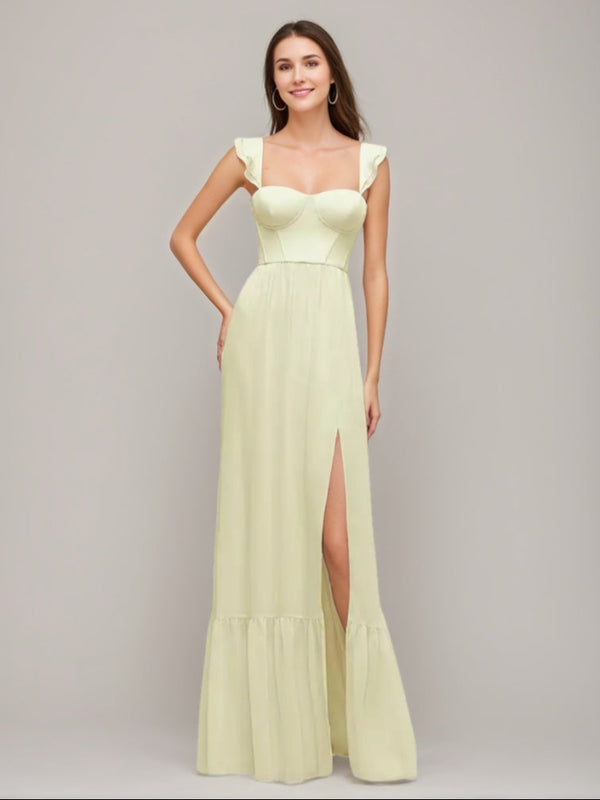A-line/Princess Sweetheart Pleated Wedding Guest Dresses with Ruffle Straps & High Slit