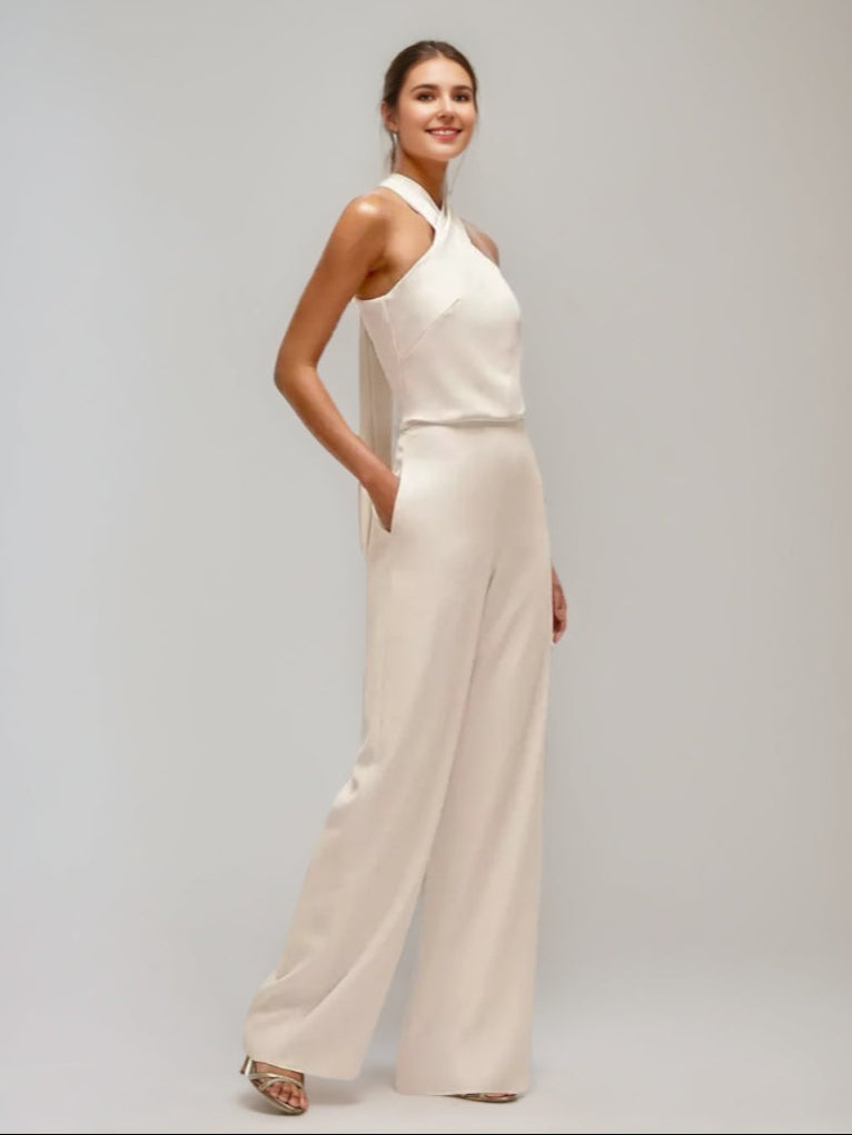 Wedding Guest Jumpsuit 2026 Champagne Halter Neck Sleeveless Wide Leg Chiffon Formal Evening Party Outfit Wedding Guest Jumpsuit 2026 Champagne Halter Neck Sleeveless Wide Leg Chiffon Formal Evening Party Outfit
