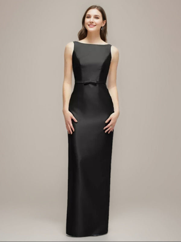 Sheath/Column Jewel Neck Sleeveless Wedding Guest Dresses with Bow Belt & Slit