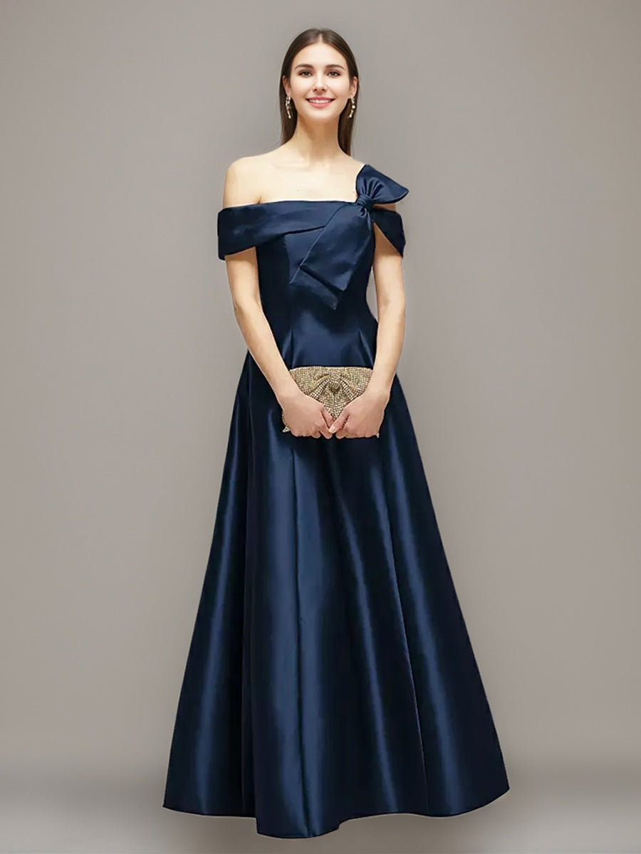Navy Blue Mother of the Bride Dresses for Women A-line/Princess Romantic Off-the-shoulder Floor-Length Wedding Guest Dresses with Bow, Navy Blue