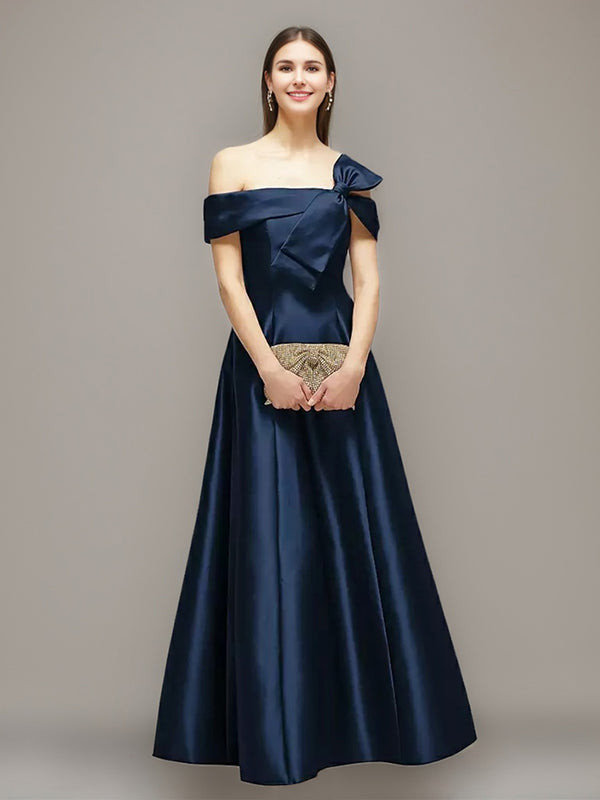 A-line/Princess Romantic Off-the-shoulder Floor-Length Wedding Guest Dresses with Bow