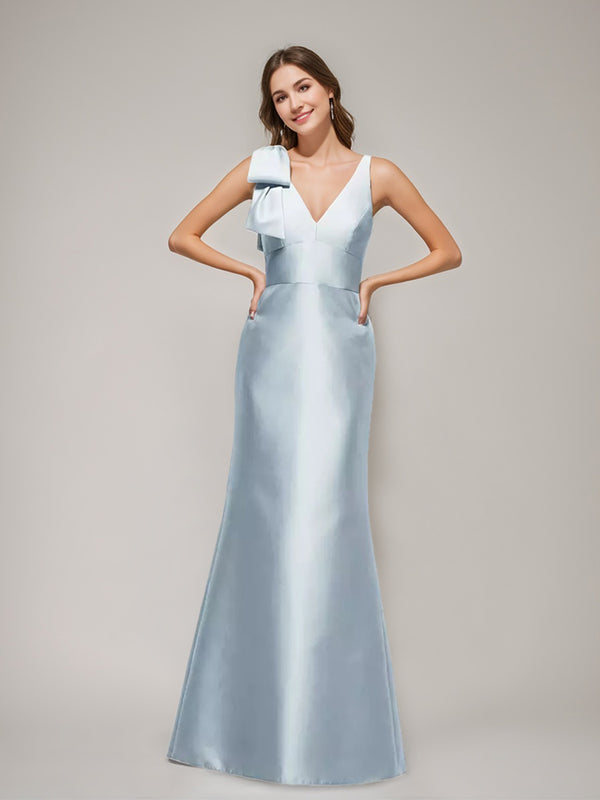Trumpet/Mermaid V-neck Sleeveless Floor-Length Wedding Guest Dresses with Bow