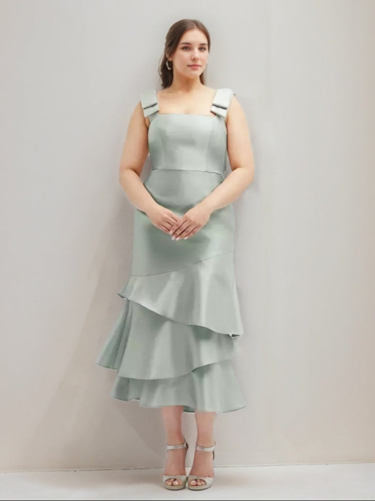 A-line/Princess Square Neckline Tea-Length Wedding Guest Dresses with Ruffles & Bowknot Straps