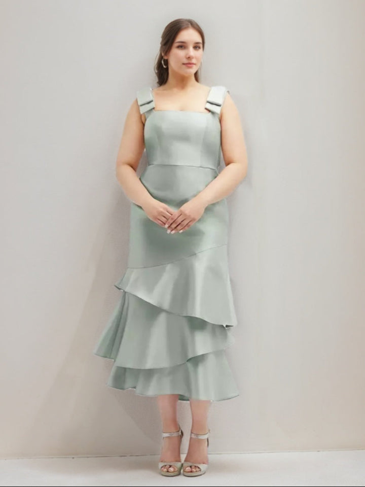 A-line/Princess Square Neckline Tea-Length Wedding Guest Dresses with Ruffles & Bowknot Straps