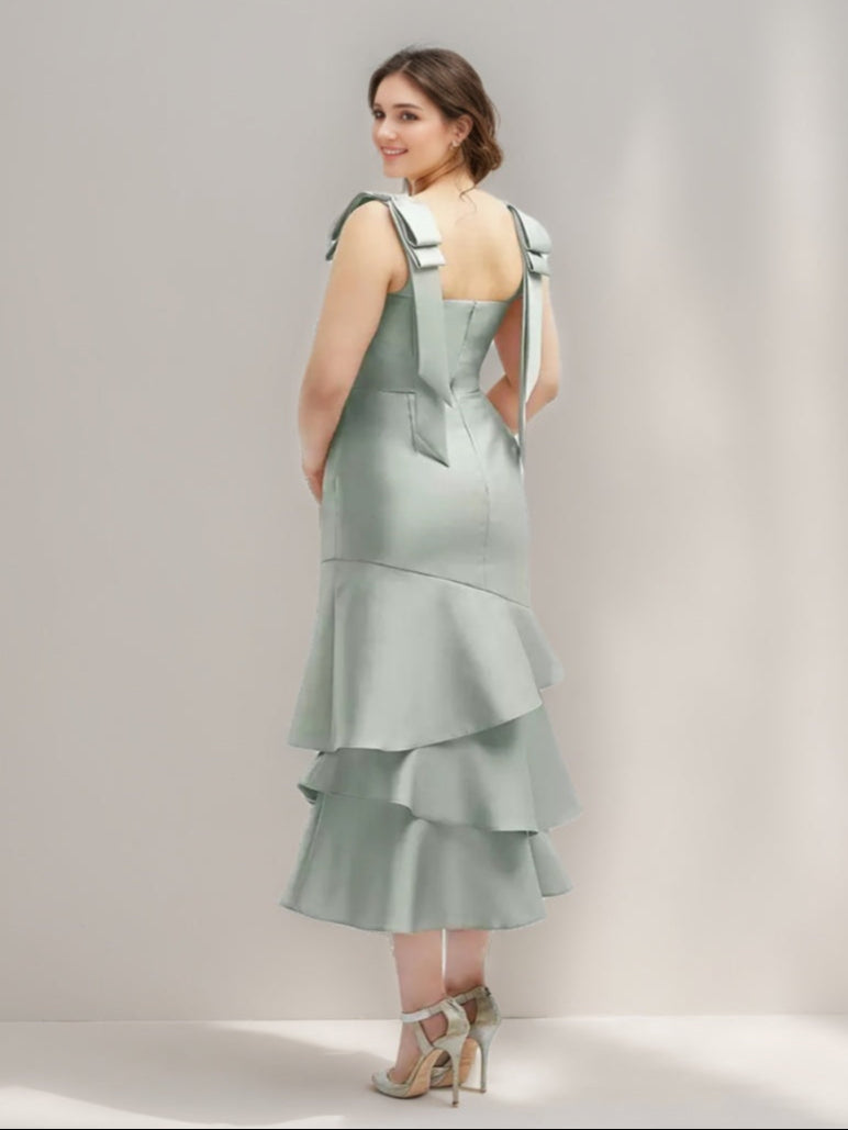 A-line/Princess Square Neckline Tea-Length Wedding Guest Dresses with Ruffles & Bowknot Straps