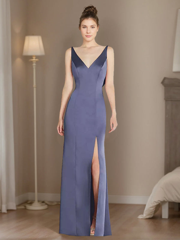 Sheath/Column V-neck Sleeveless Cowl-back Floor-Length Wedding Guest Dresses with Pleats & Slit