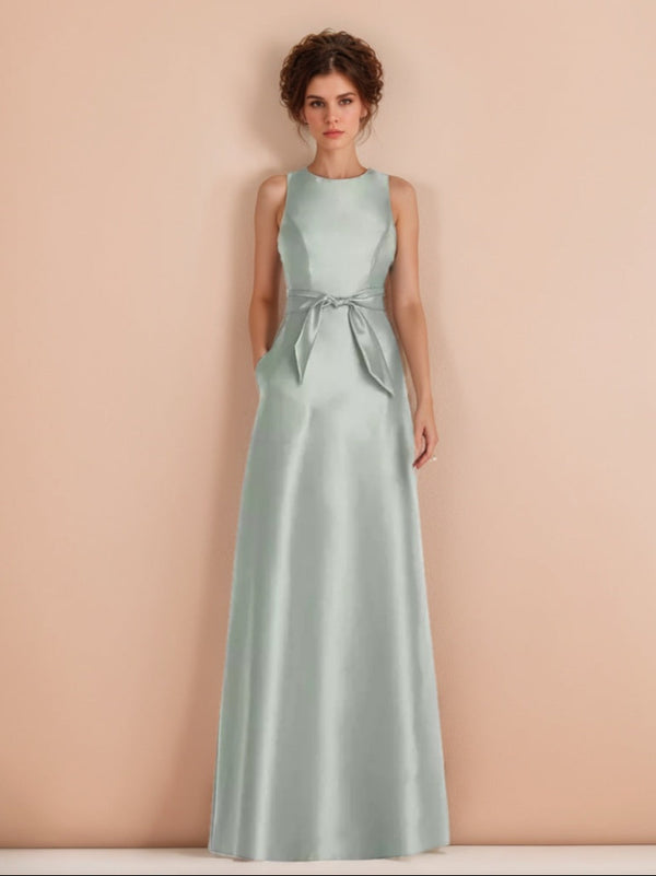 A-line/Princess Jewel Neck Sleeveless Floor-Length Wedding Guest Dresses with Bow Sash & Pockets