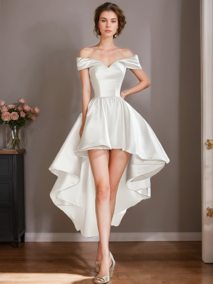 Asymmetrical Wedding Dresses A-Line/Princess Off-the-shoulder Ruched Short Bridal Gowns White, White Asymmetrical Wedding Dresses A-Line/Princess Off-the-shoulder Ruched Short Bridal Gowns White, White
