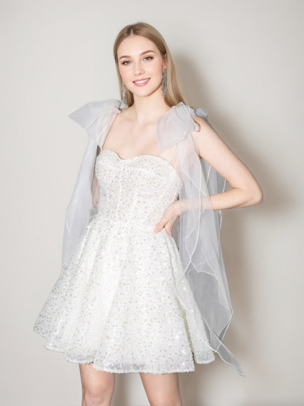 A-line/Princess Spaghetti Straps Short/Mini Wedding Dresses with Detachable Tulle Bow Straps & Sequins