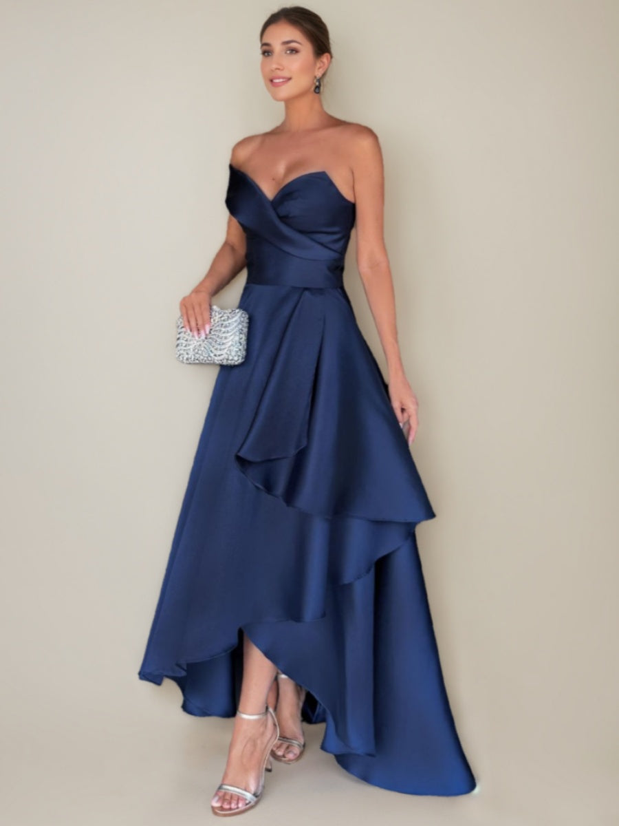 Mondressy Mother of the Groom Dresses 2026 A-line/Princess Strapless Sleeveless Ruched Asymmetrical Wedding Guest Dresses with Ruffles, Navy Blue Mondressy Mother of the Groom Dresses 2026 A-line/Princess Strapless Sleeveless Ruched Asymmetrical Wedding Guest Dresses with Ruffles, Navy Blue