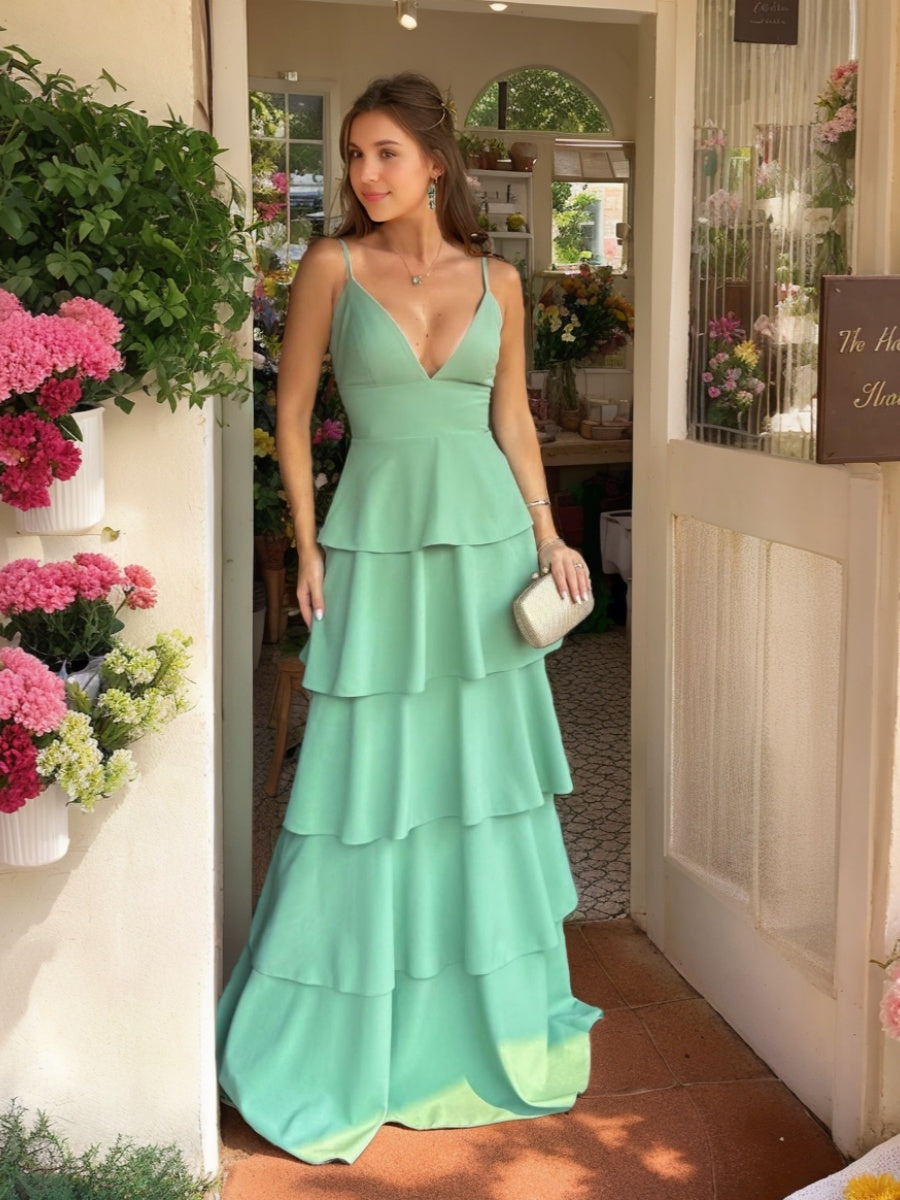 Formal Evening Ball Gowns A-line/Princess Spaghetti Straps Plunge V-neck Floor-Length Wedding Guest Dresses with Ruffles Formal Evening Ball Gowns A-line/Princess Spaghetti Straps Plunge V-neck Floor-Length Wedding Guest Dresses with Ruffles
